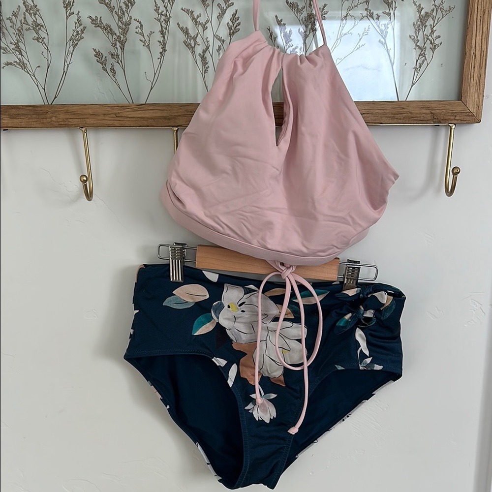 Pink Halter Bikini Top and Floral High-Waisted Bottoms